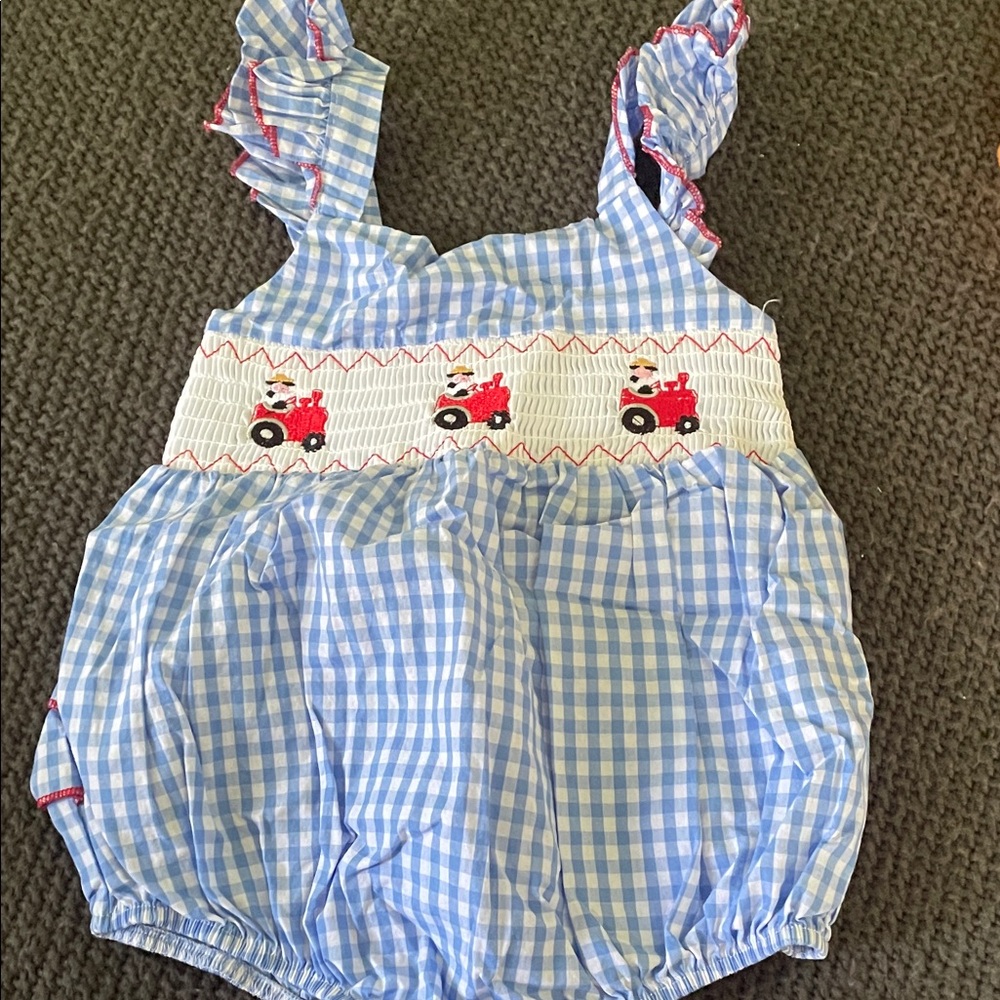 Blue Gingham Baby bubble with Red Tractor Design